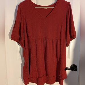 Textured V-Neck Babydoll Tunic in Rustic Red